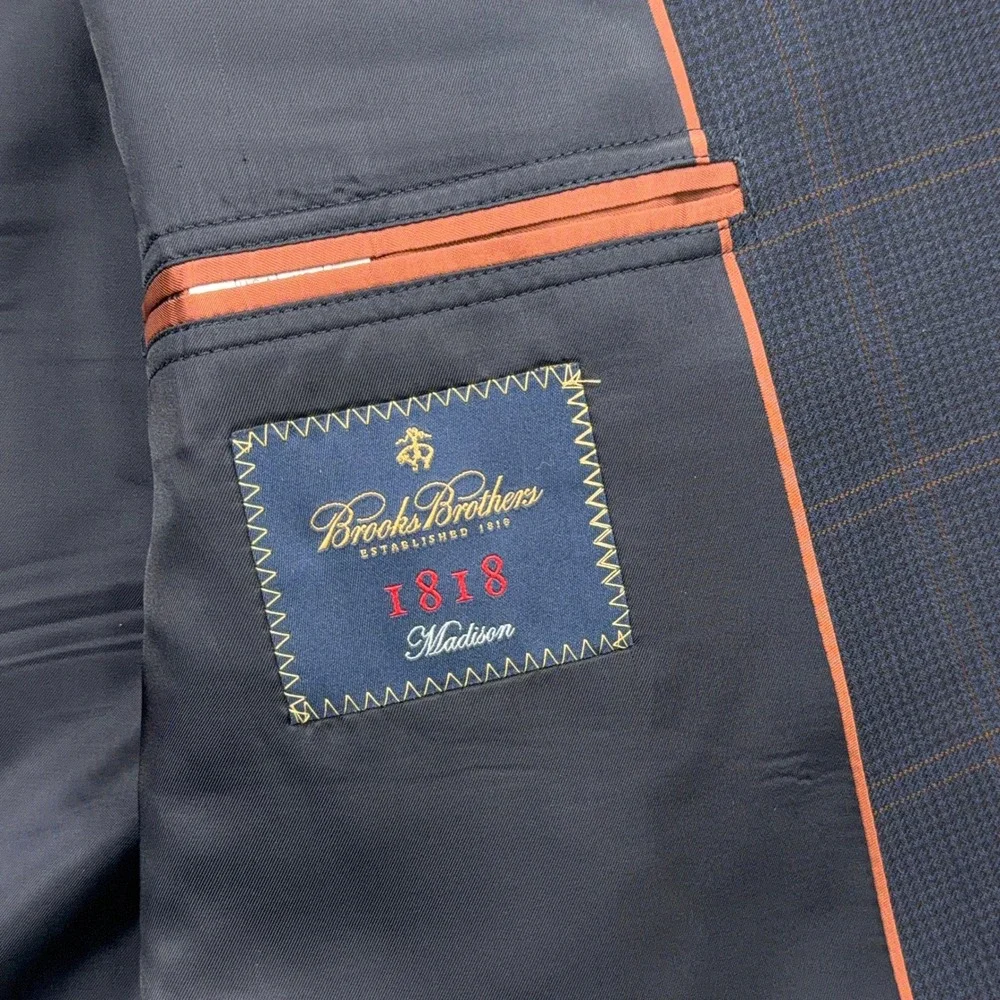 Brooks Brothers Blazer 1818 Madison Windowpane Wool Navy Blue Mens 48R